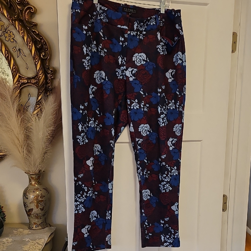 Eloquii Women's Pants in Blue and Red Floral